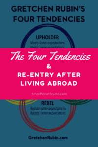 A graphic of Gretchen Rubin's "Four Tendencies" with the title of this piece, "The Four Entries and Re-entry After Abroad" superimposed on top of it.