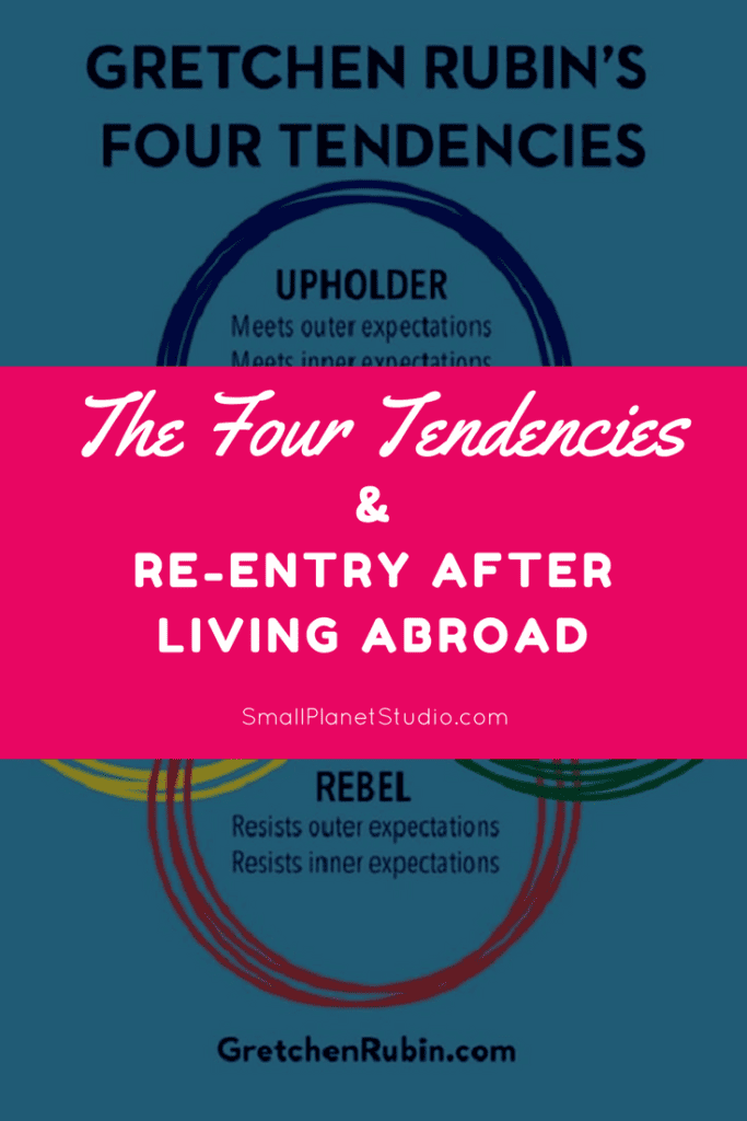 A graphic of Gretchen Rubin's "Four Tendencies" with the title of this piece, "The Four Entries and Re-entry After Abroad" superimposed on top of it. 